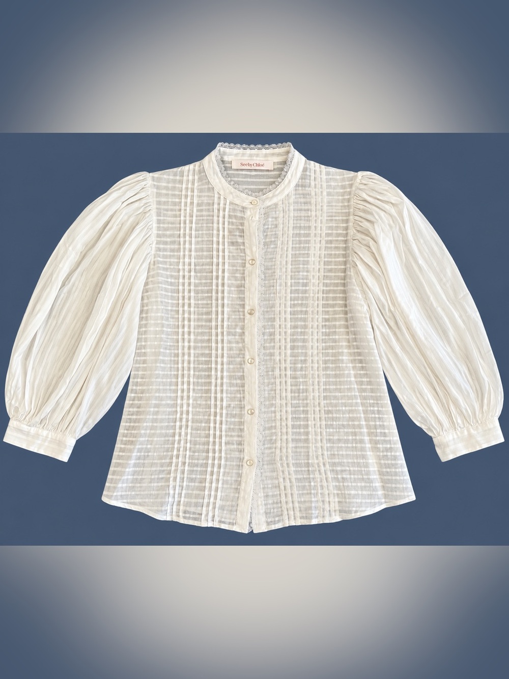 See By Chloe Size 6 Cream Pintuck Balloon-Sleeve Blouse